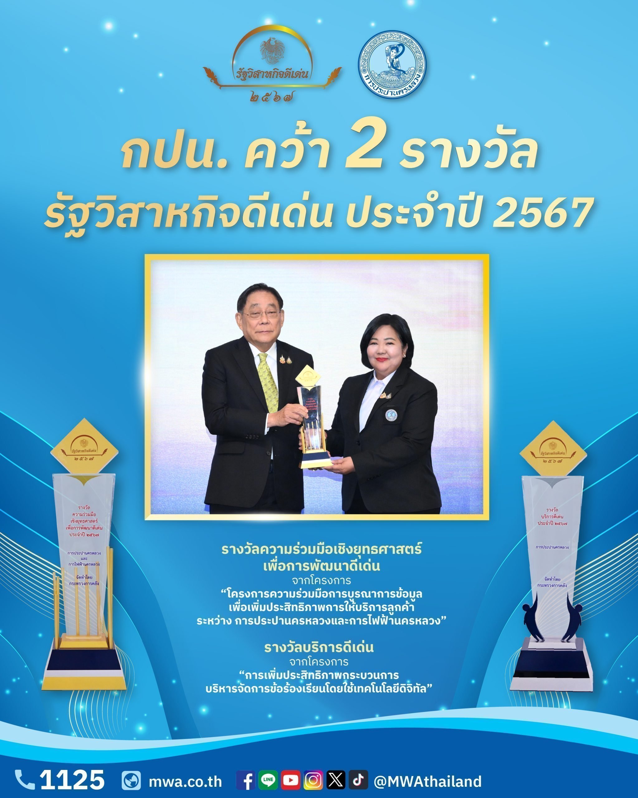 กปน. คว้า 2 รางวัลรัฐวิสาหกิจดีเด่น ปี 2567