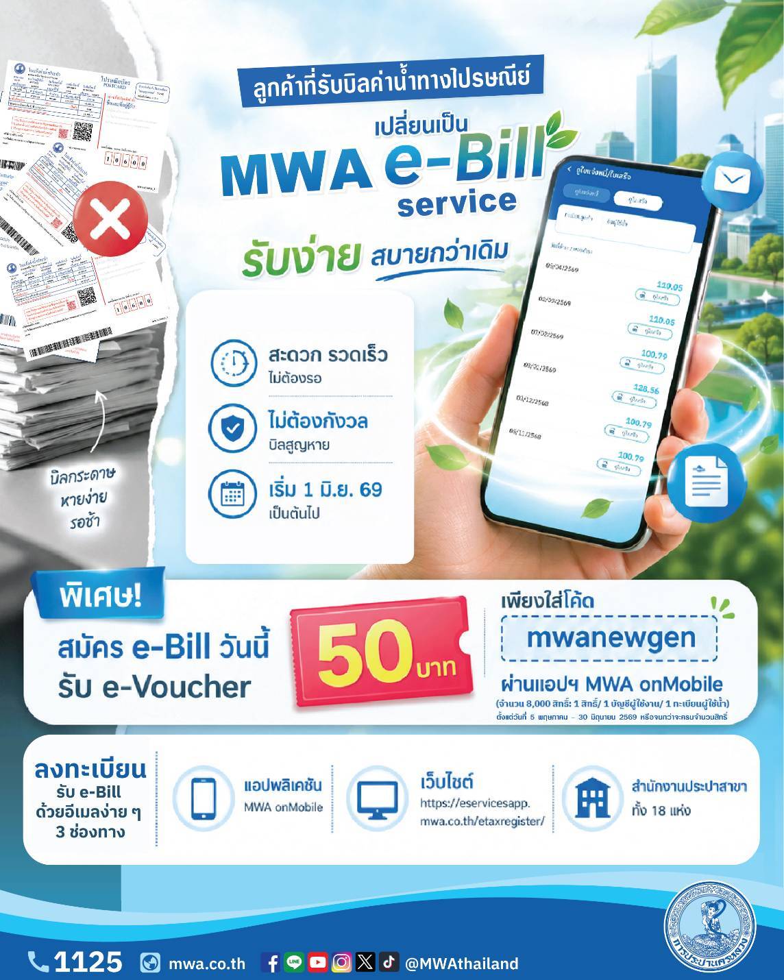 เตรียมบอกลาบิลกระดาษ… กปน. ยกระดับบริการสู่ยุคดิจิทัล เปลี่ยนเป็น e-Bill ดีเดย์ 1 มิ.ย. นี้