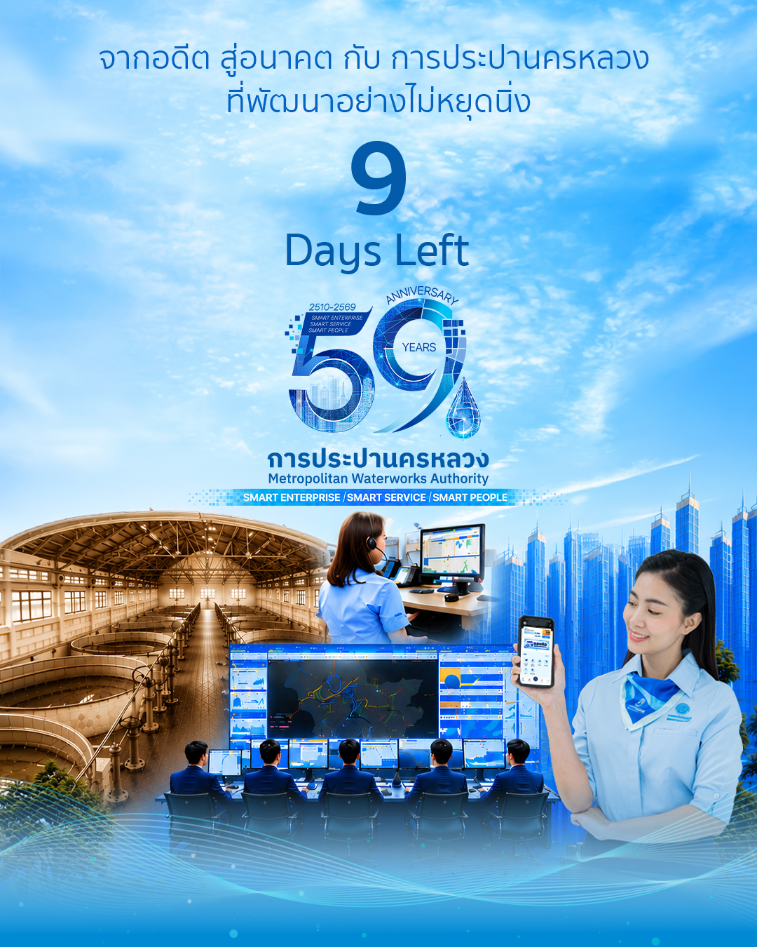 ตลอดเวลากว่า 59 ปี การประปานครหลวง (กปน.) มุ่งมั่นพัฒนาระบบประปา จากอดีตสู่การผลิตและส่งจ่ายน้ำประปาสะอาด ปลอดภัย ได้มาตรฐาน เพื่อดูแลคุณภาพชีวิตของประชาชนกว่า 12 ล้านคน